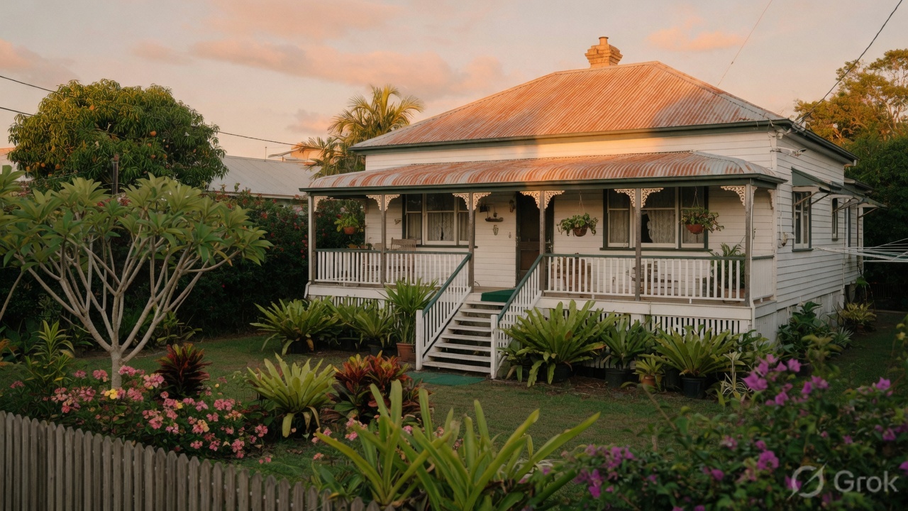 A timber Queenslander home in a subtropical Brisbane garden at sunset
