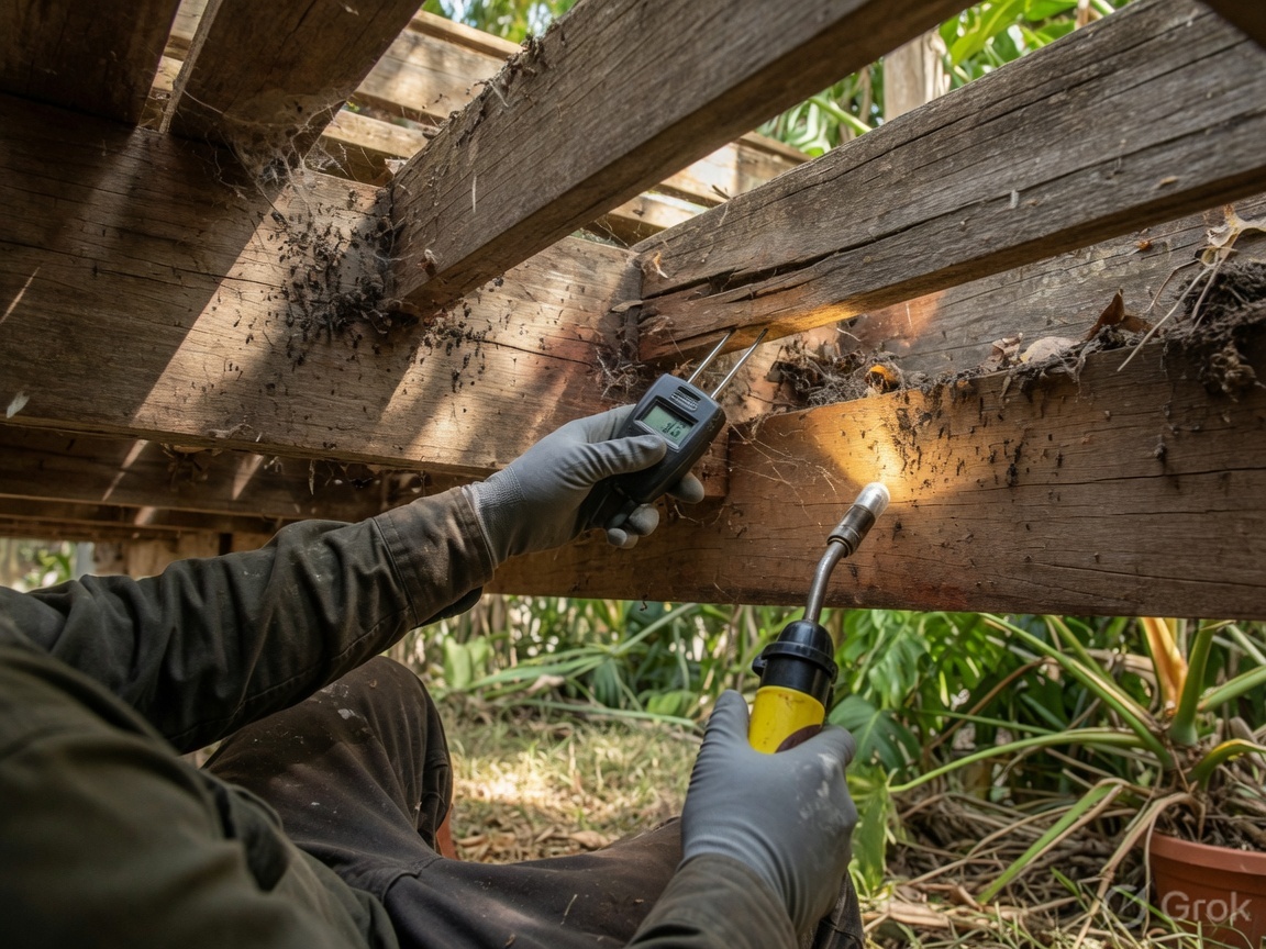 Hands-on timber inspection under a Brisbane deck